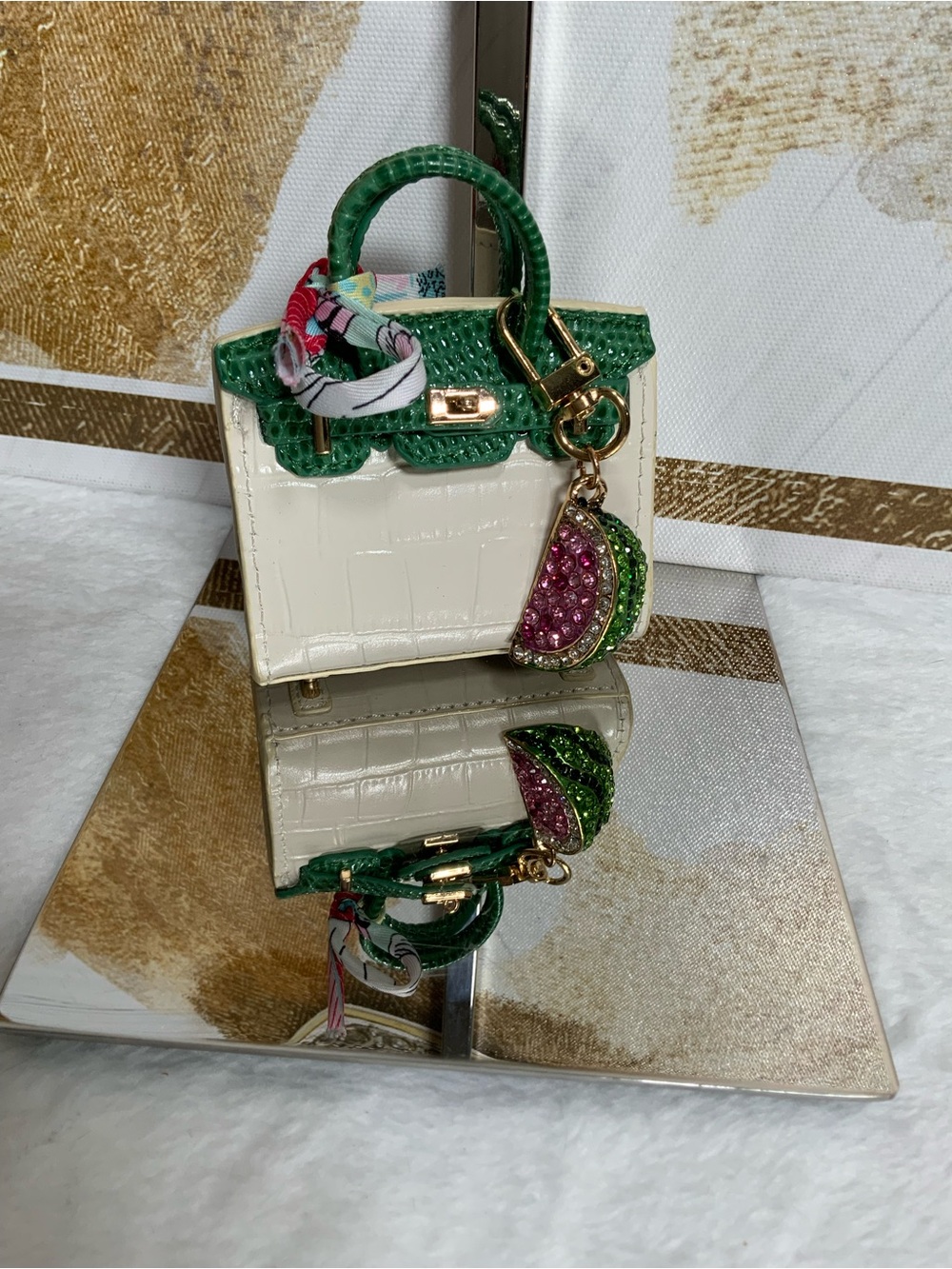Cream and Green Mini Top-Handle Bag Charm